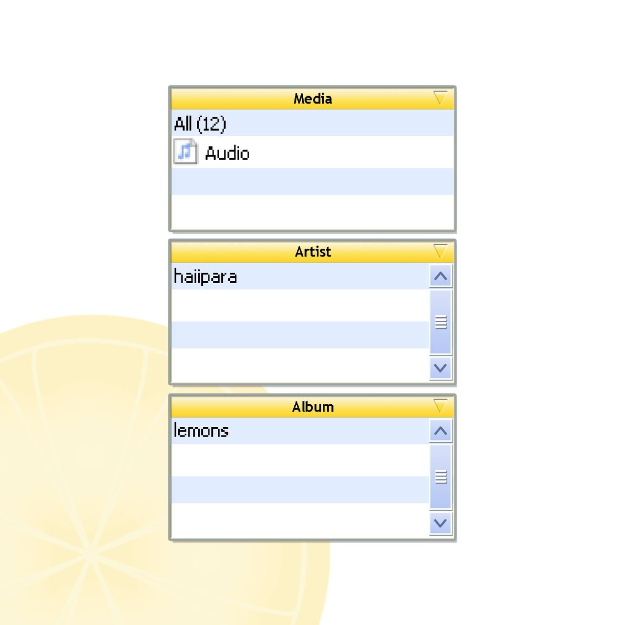 An image of a metadata search function listing the album information. A lemon appears faintly in the background.