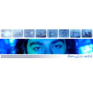 A strip of the artist staring. Small rounded squares of landscapes above.