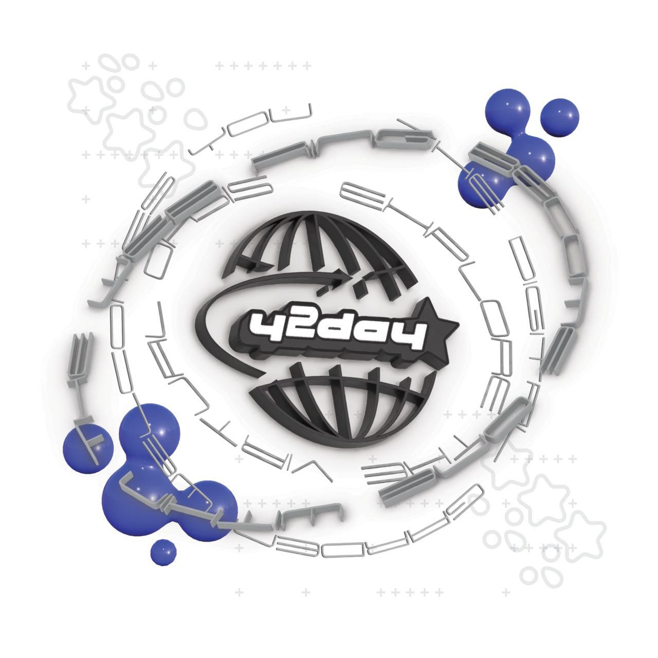 A 3D logo mark of a globe with the text 'y2day' in the middle, surrounded by wide 3D text and blue meatballs.