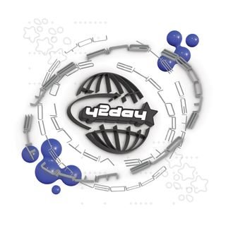 A 3D logo mark of a globe with the text 'y2day' in the middle, surrounded by wide 3D text and blue meatballs.