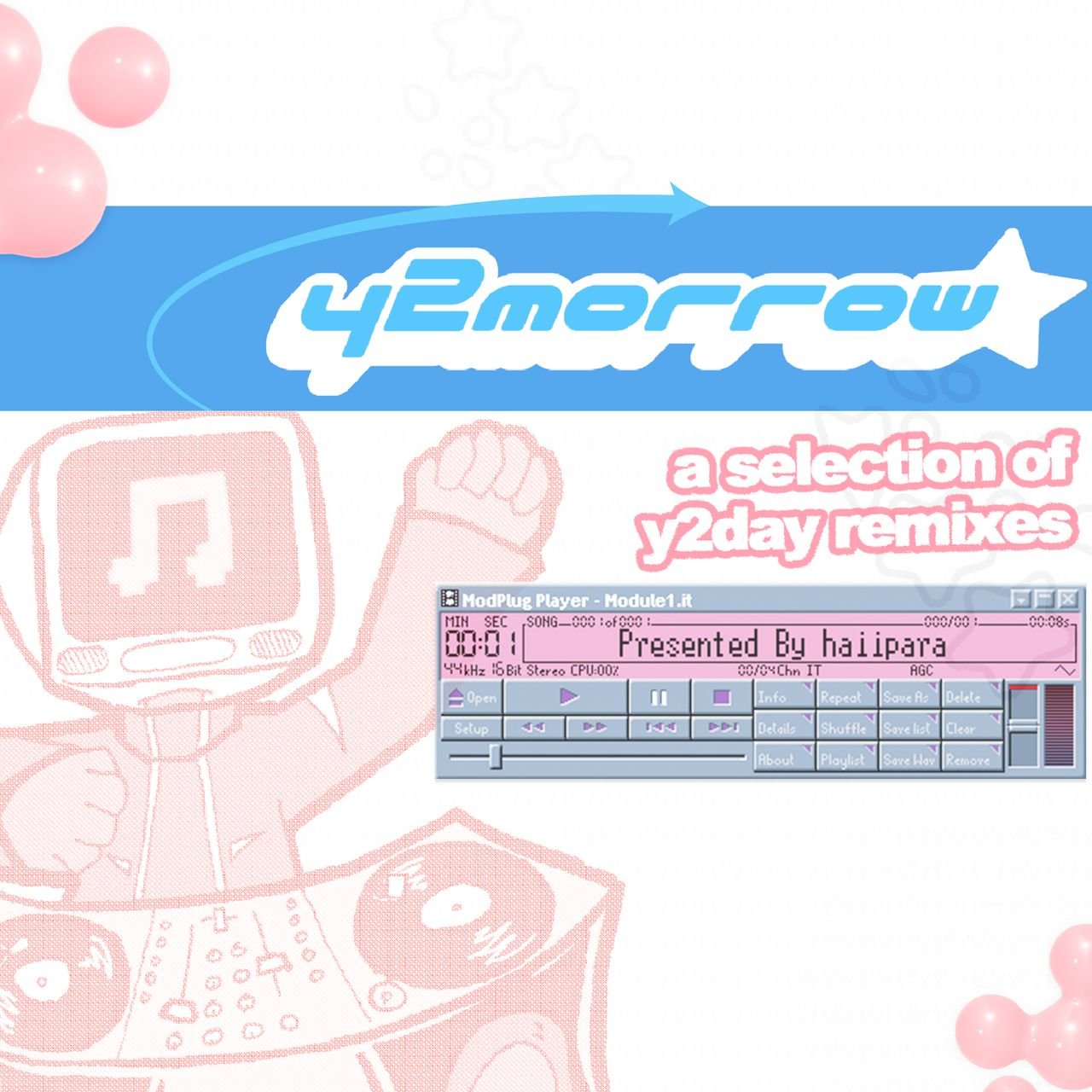 A character with a computer monitor for a head stands with their hand up behind a DJ setup.
